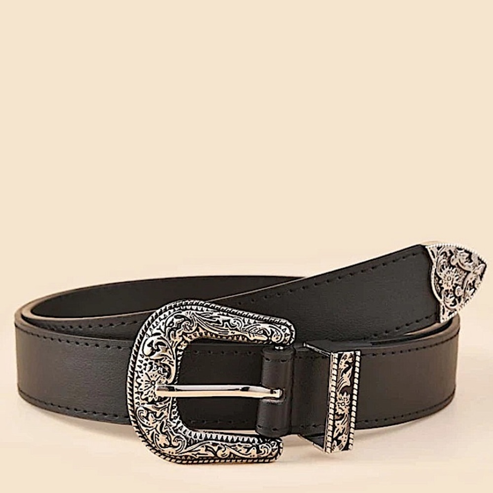 Engraved Metal Western Black Belt Buckle
